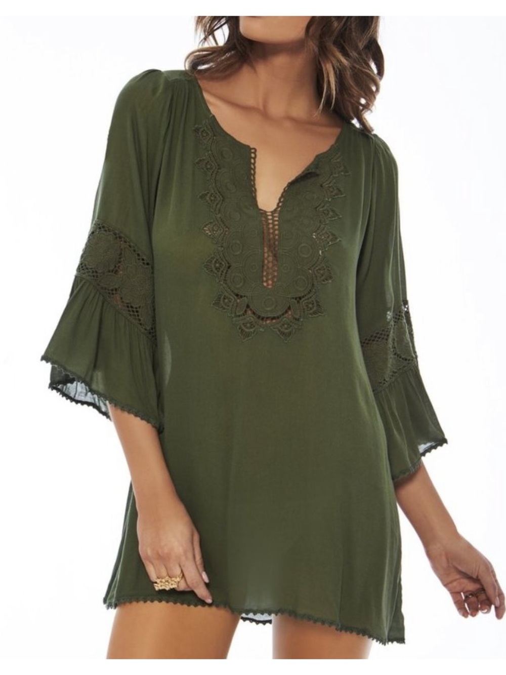 L*Space women’s Breakaway Cover-Up Olive Green Tunic with Lace-Trim